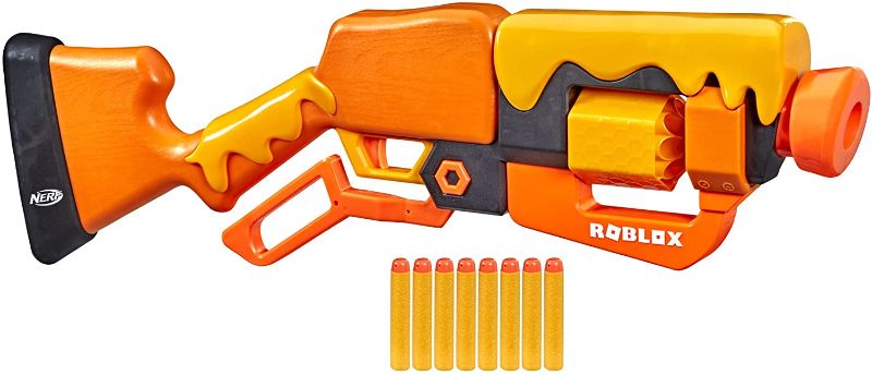 Photo 1 of NERF Roblox Adopt Me!: Bees! Lever Action Dart Blaster, Rotating 8-Dart Drum, 8 Elite Darts, Code to Unlock in-Game Virtual Item
