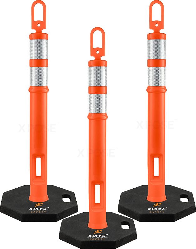 Photo 1 of 44" Delineator Post with Base - 3pk - Ring Top Orange Traffic Stanchion with 10" Reflective Band - 13 lb Octagonal Rubber Base - Security, Street Safety Cordon, Garage Parking Aid - Xpose Safety
