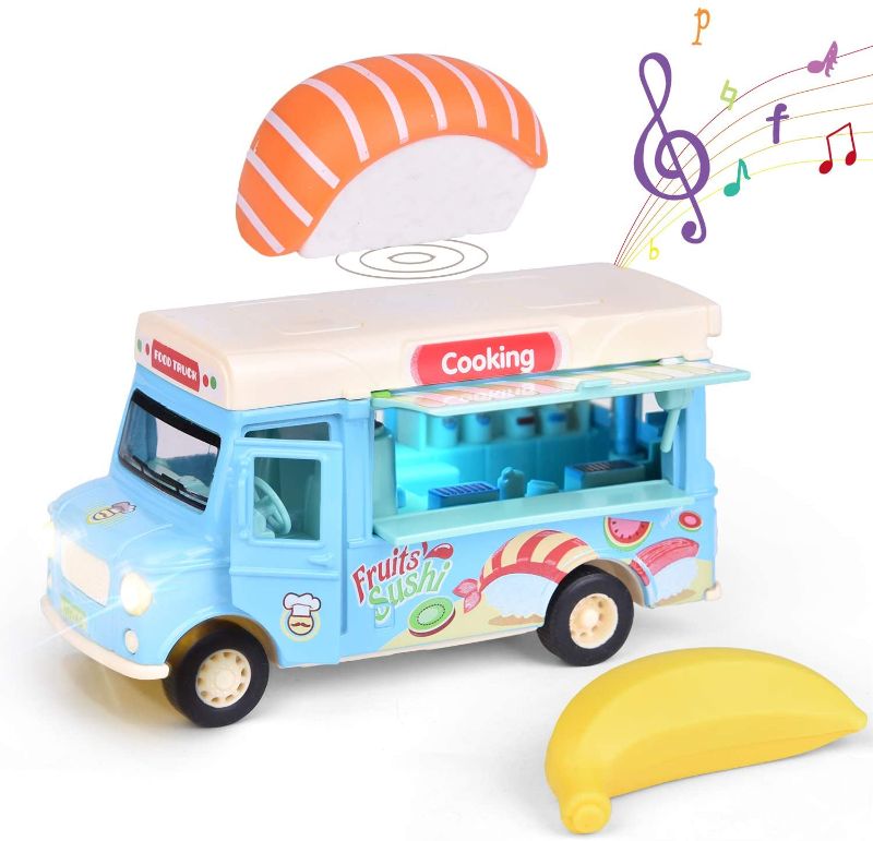 Photo 1 of FUN LITTLE TOYS Pull Back Truck Sushi Car,Die Cast Food Truck with Sushi, Banana, Pretend Food Toys, Play Food Trucks for Kids, Blue
