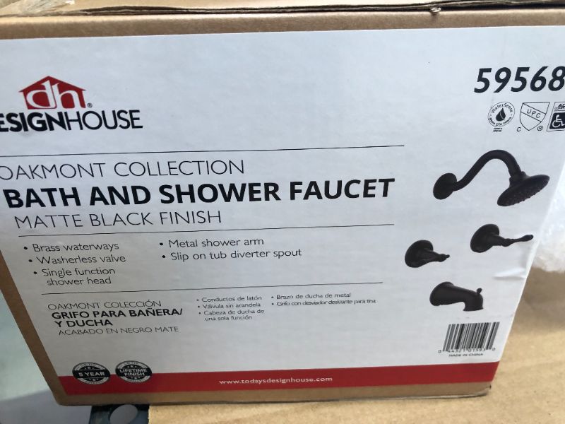 Photo 2 of Design House 595686 Oakmont Classic Bath and Shower Trim with Single-Function Shower Head, 2-Handle Faucet and Valve for Bathroom, Matte Black--no screws 
