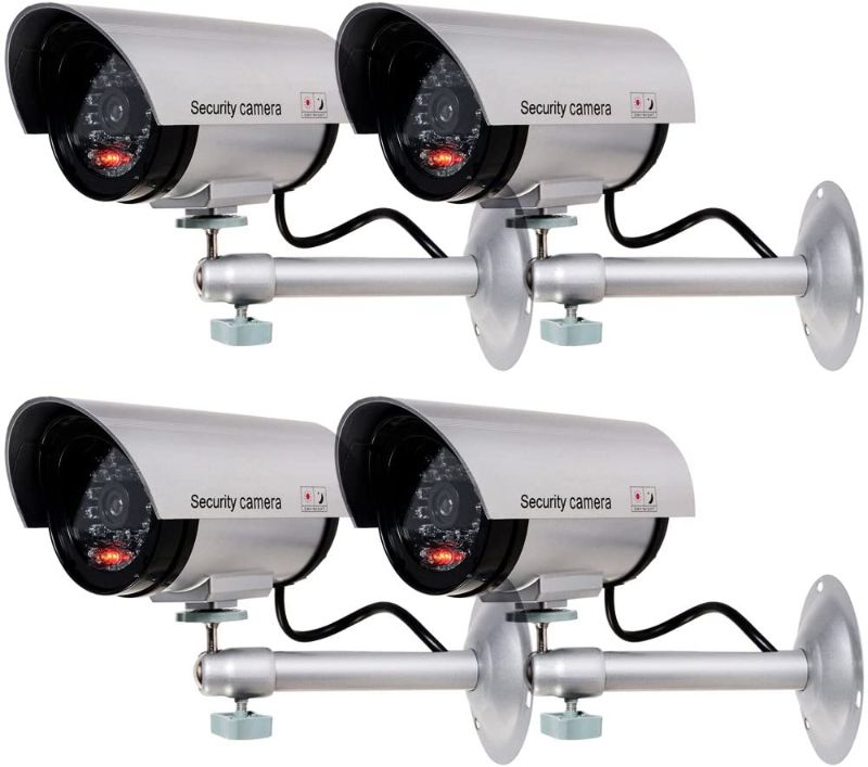 Photo 1 of WALI Bullet Dummy Fake Surveillance Security CCTV Dome Camera Indoor Outdoor with 1 LED Light, Security Alert Sticker Decals (TC-S4), 4 Packs, Silver

