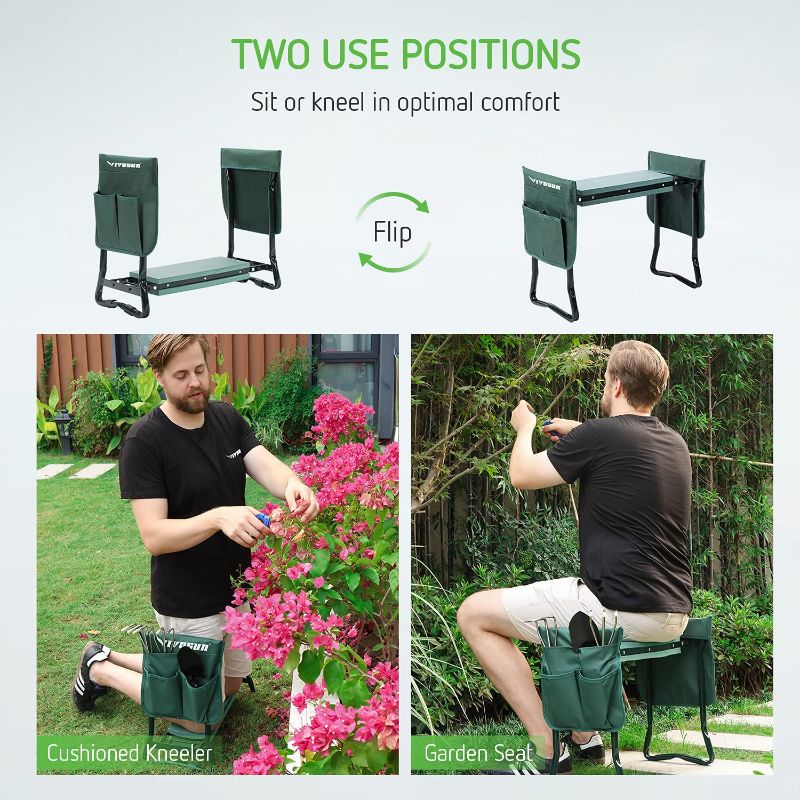 Photo 1 of  Portable Garden Kneeler Seat Foldable Garden Bench with EVA Foam Pad 2 Tool Bags for Outdoor Gardening, Green