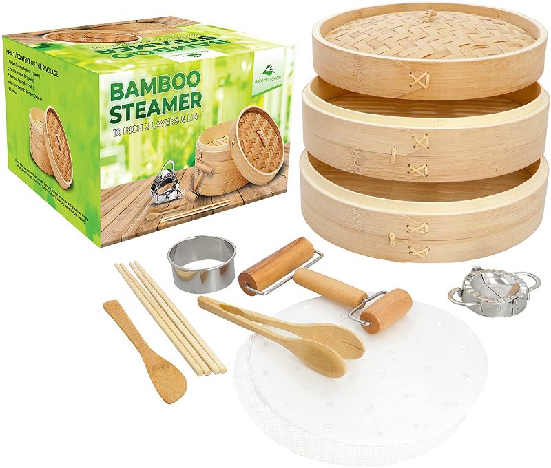 Photo 1 of Bamboo Steamer 10 Inch - Basket 2 Tier Steam Cooker Pot for Rice, Dim Sum, Fish, Vegetable & Meat – Set of Two Bamboo Chopsticks, Steamer Liner and Steamer Basket
