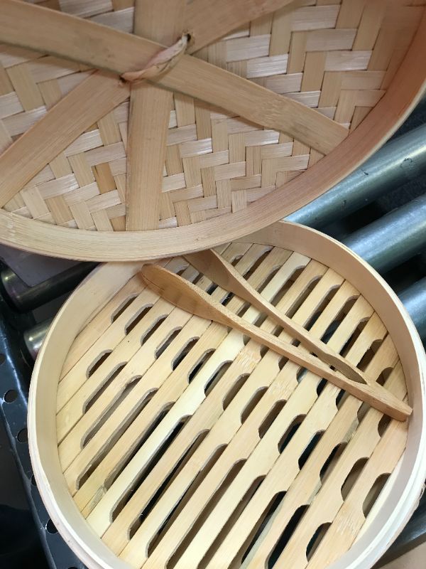 Photo 3 of Bamboo Steamer 10 Inch - Basket 2 Tier Steam Cooker Pot for Rice, Dim Sum, Fish, Vegetable & Meat – Set of Two Bamboo Chopsticks, Steamer Liner and Steamer Basket
