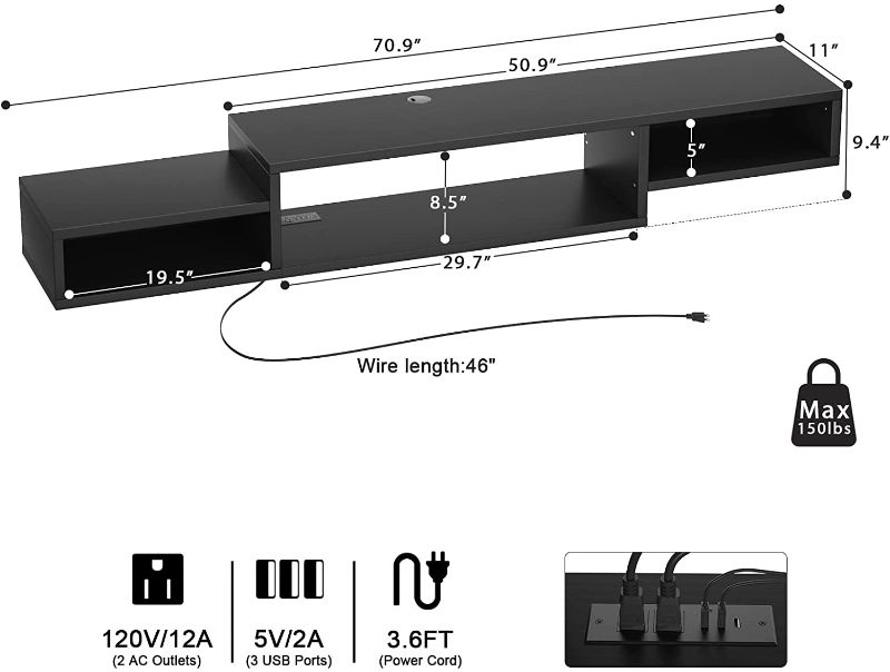 Photo 1 of Aheaplus Floating Wall Mounted Entertainment Center with Power Outlet 59" Retro TV Stands Component Shelf, TV Media Console with Storage for 43 / 50 / 55/ 60 inches TV, Under TV Shelf,