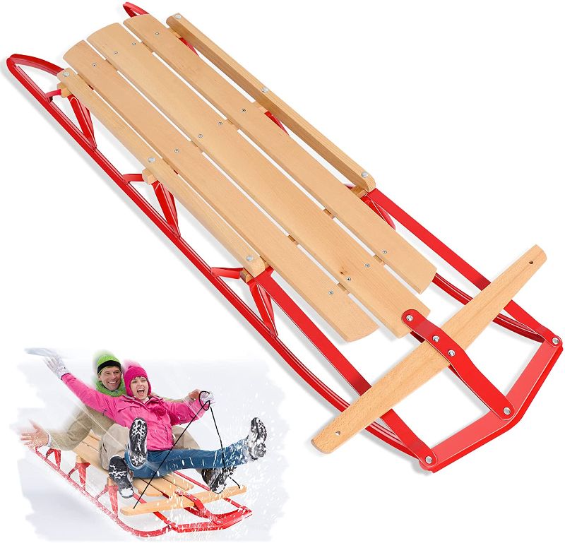 Photo 1 of 53 Inch Snow Sled, Sleds for Kids Kids and Adult Sleds & Steering Bar Wooden Sled Powder Coated Steel Snow Sleds for Kids and Adult Snow Toys for Kids Outdoor Games & Activities Christmas Decorations
