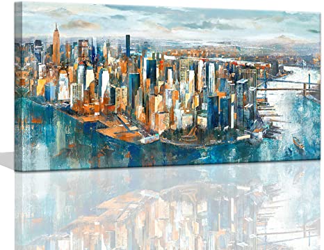 Photo 1 of Wall Art for Living Room Canvas Art Wall Decor New York Skyline Modern Abstract Painting Prints Room Decorations for Wall Office Wall Art Artwork for Home Walls Bedroom Wall Decor Framed 24x48inch