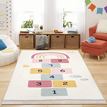 Photo 1 of HiiARug Soft Kids Play Mat, Extra Large Hopscotch Rug for Kids, Number Educational & Fun Kids Area Rug, Rainbow Carpet Floor Mat for Children Nursery Bedroom Living Room (4x6 ft, Colorful)