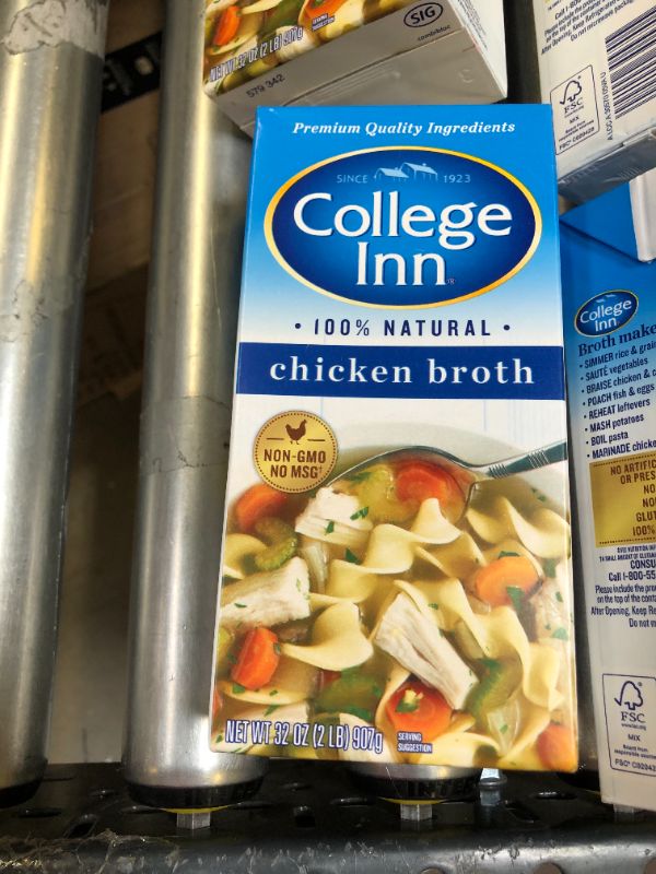 Photo 1 of COLLEGE INN 100% Natural Chicken Broth, 32 oz Carton exp 10/27/2021
