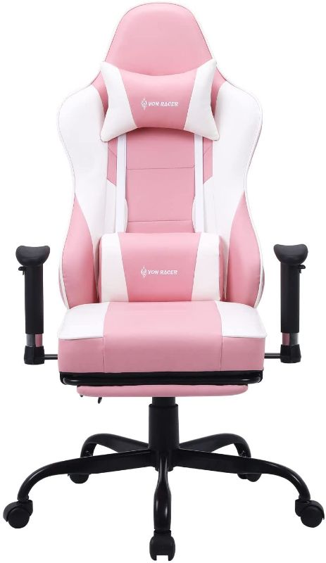 Photo 1 of VON RACER Massage Gaming Chair with Footrest - Adjustable Massage Lumbar Cushion, Retractable Footrest and Arms High Back Ergonomic Leather Computer Desk Chair (Sakura Pink)