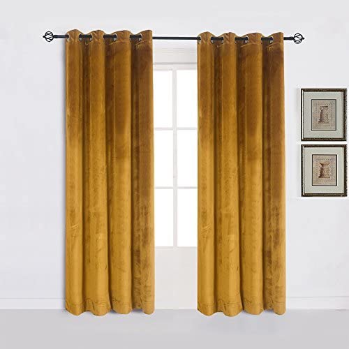 Photo 1 of Cherry Home Super Soft Luxury Heavy Velvet Set of 2 Warm Yellow Blackout Energy Efficient Grommet Curtain Panel Drapes Ginger Mustard Curtain Panels 52Wx84L