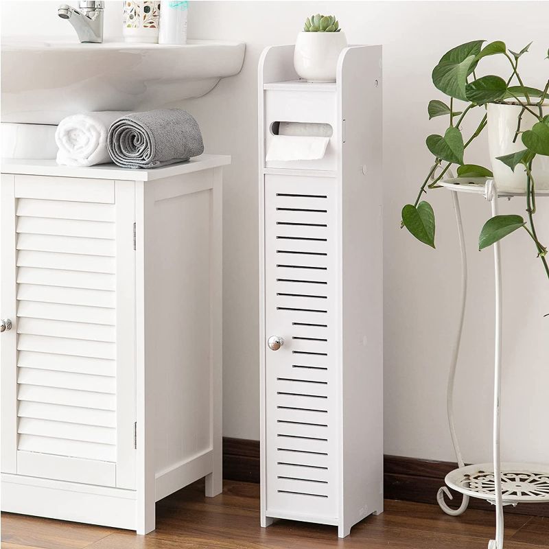 Photo 1 of AOJEZOR Small Bathroom Storage Corner Floor Cabinet with Doors and Shelves,Thin Toilet Vanity Cabinet,Narrow Bath Sink Organizer,Towel Storage Shelf for Paper Holder,White
