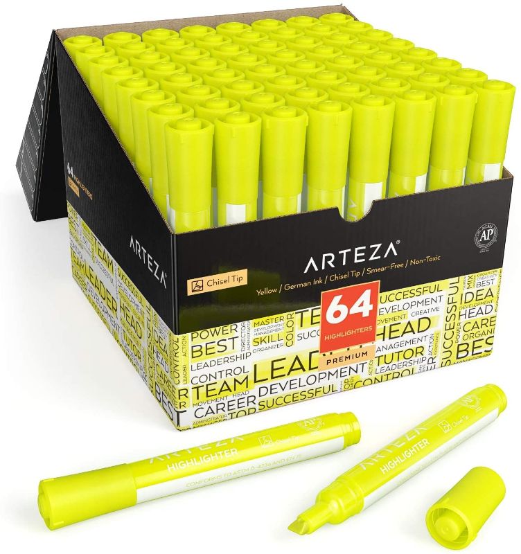 Photo 1 of Arteza Yellow Highlighters, Pack of 64, Wide Chisel Tip Markers, Bulk Pack of Colored Highlighter Markers, Office Supplies for Exams, School, Office, Home
