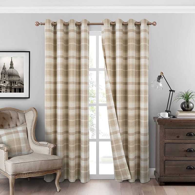 Photo 1 of always4u Beige Plaid Curtains Grommet Woolen Look Modern Living Room Bedroom Home Decoration Check Drapes Beige 2 Panels 54*63 Inch
