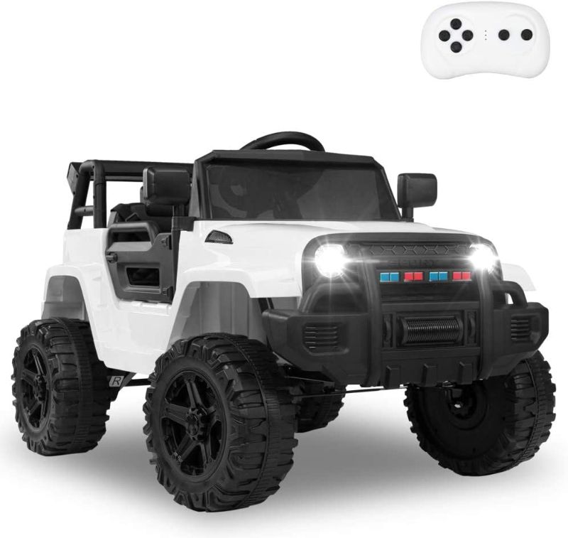 Photo 1 of JOYMOR Ride on Truck with Remote Control, 4 Wheels 12V Battery Powered Kids Car, with LED Headlight/Horn Button/ MP3 Player/USB Port/ Forward Backward/Kids Girl Boy (White)
