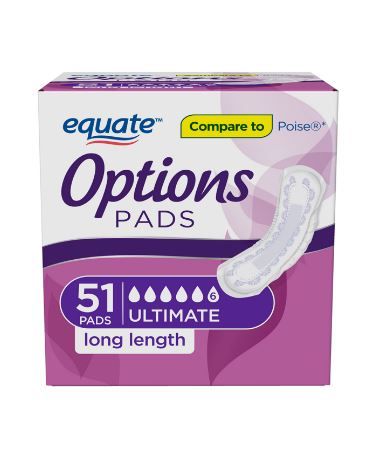 Photo 1 of Equate Options Incontinence Pads for Women, Ultimate Absorbency, Long Length, 51
