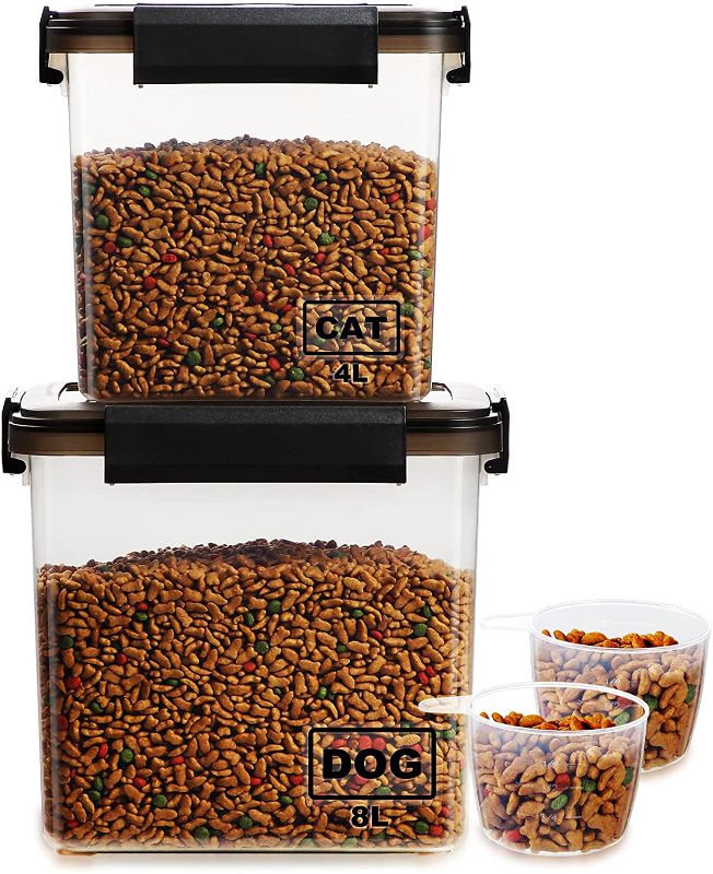 Photo 1 of Dog Food Storage Container,Lockcoo 2-Pack Airtight Pet/Cat Food Storage Containers with Measuring Cup,Portable Handle Container for Dog Treats,Dog Cat Dry Food Bin,Kitchen Container (8L+4L,Grey)
