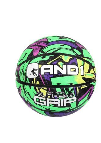 Photo 1 of AND1 Supreme Grip Spongetech Rubber Basketball- Regulation Size Streetball (29.5"), Made for Indoor and Outdoor Basketball Games (Green/Purple)

