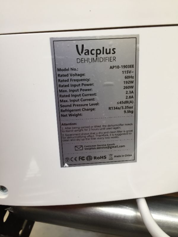 Photo 2 of Vacplus 1,500 Sq. Ft. Dehumidifier 30 Pints Dehumidifier with Drain Hose with Effortless Humidity Control for Home Medium Spaces and Basements (Nickname: VA-D1903)
