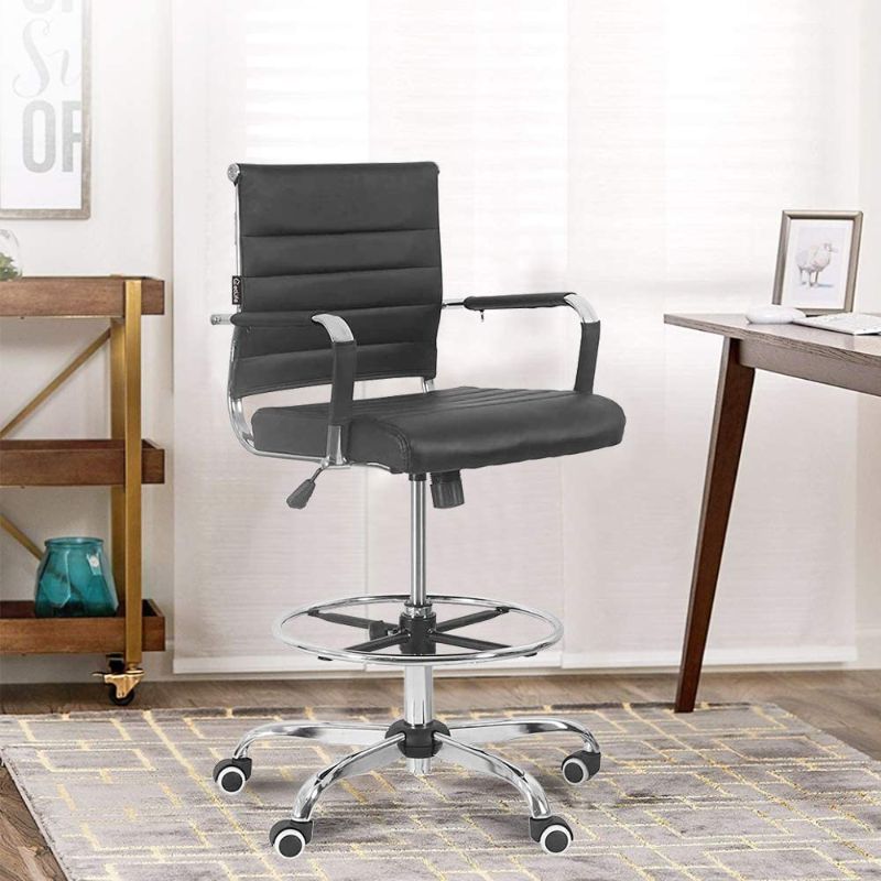 Photo 1 of New Drafting Chair - Ergonomic Mid Back Ribbed Leather Office Chair Drafting Chair Adjustable Height Desk Chair for Presenter with Armrest Lumbar Support Bar Chair (Black)(OF-C02BK)¡­
