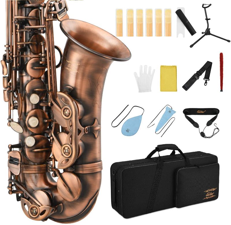 Photo 1 of Eastar Alto Saxophone Antique Red Bronze Vintage Sax Eb E-flat Student Beginner Full Kit with Carrying Case Mouthpiece Straps Reeds Stand Cleaning Brush, AS-?-Ab2
