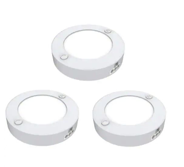 Photo 1 of 3 in. Plug-in White Linkable Onesync Under Cabinet Integrated LED Puck Light with Color Changing CCT (3-Pack)
