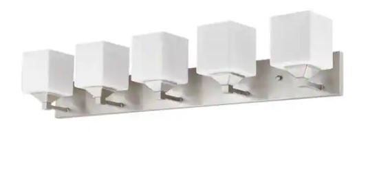 Photo 1 of Lawrence 5-Light Brushed Nickel Steel Modern Bath Light with Matte Opal Glass Shades
