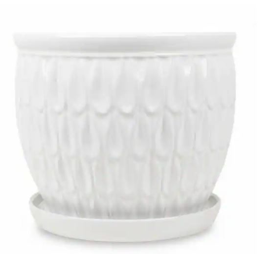Photo 1 of 12.25 in. White Ceramic Raindrop Planter with Saucer
