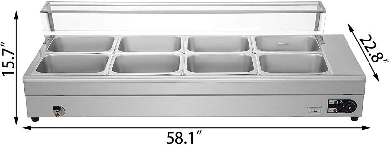Photo 1 of VEVOR 110V Bain Marie Food Warmer 8 Pan x 1/2 GN,Food Grade Stainelss Steel Commercial Food Steam Table 6-Inch Deep, 1500W Electric Countertop Food Warmer 88 Quart with Tempered Glass Shield
