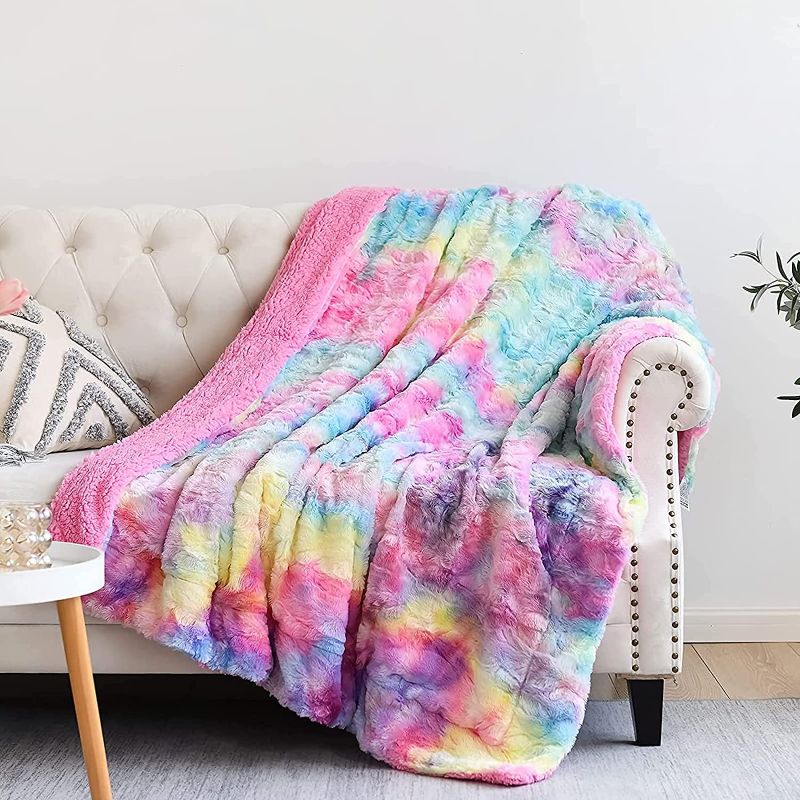 Photo 1 of NEWCOSPLAY Super Soft Faux Fur Throw Blanket Premium Sherpa Backing Warm and Cozy Throw Decorative for Bedroom Sofa Floor (Dark Rainbow, Throw(50"x60"))
