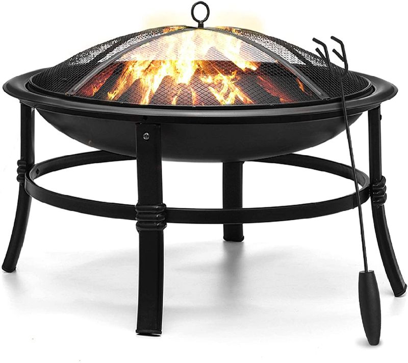 Photo 1 of 26'' Fire Pit Wood Burning fire Pit Outdoor Fire Pits Steel BBQ Grill Firepit Bowl with Mesh Spark Screen Cover Log Grate Wood Fire Poker for Camping Picnic Garden Backyard Bonfire Patio Beaches
