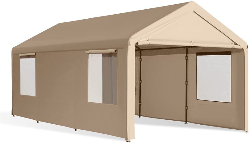 Photo 1 of Gardesol Carport, 10'x20' Heavy Duty Carport with Roll-up Ventilated Windows, Portable Garage with Removable Sidewalls & Doors for Car, Truck, Boat, Car Canopy with All-Season Tarp, Beige
