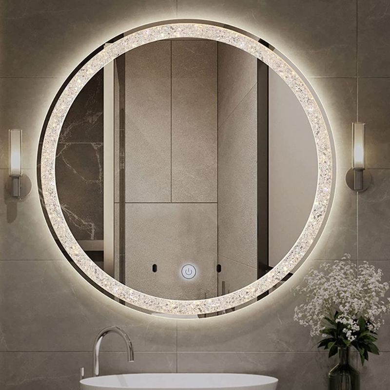 Photo 1 of Chende Crystal Bathroom Mirror with Lights, 27.5 Inches Large LED Makeup Mirror Wall Mounted with a Plug, Round Light Up Mirror for Wall