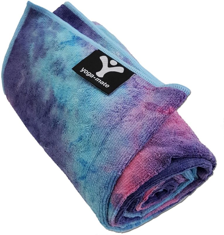 Photo 1 of Yoga Mate Soft, Sweat Absorbent, Non-Slip Bikram Yoga Mat Size Towel, Blue & Pink Tie Dye | Blue Trim
