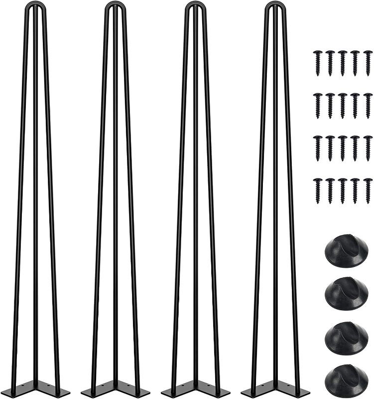 Photo 1 of 36" Heavy Duty Hairpin Dining Table Legs, 1/2'' 3 Solid Rods, Metal Home DIY Projects for Furniture, Table, Desk, High Stand with Rubber Floor Protectors, Black, 4PCS
