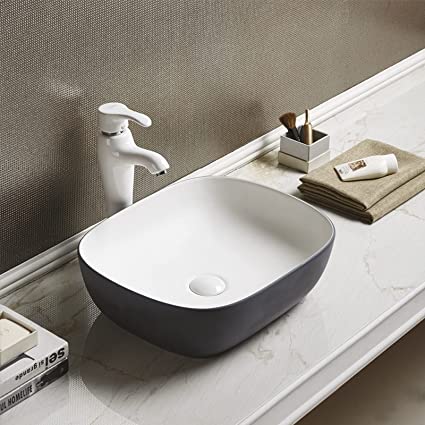 Photo 1 of Bathivy Bathroom Vessel Sink and Pop Up Drain Combo, 19'' x 15.5'' Matte Gray and White Above Counter Vanity Bowl, Modern Rectangular Porcelain Countertop Basin Sinks Wash Bowl