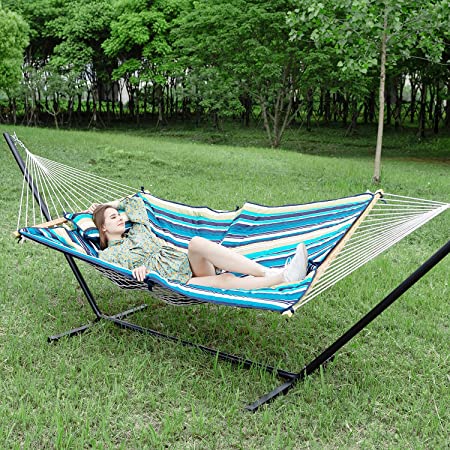 Photo 1 of  Extra Large Double Hammock with Stand Included 2 Person Heavy Duty 2 People Rope Hammocks and Stand for Outdoor Patio Garden Backyard Outside with Pillow and Pad Max 450lb Capacity ( Green )