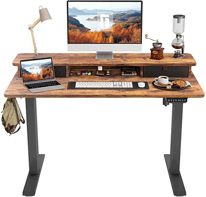 Photo 1 of FEZIBO Height Adjustable Electric Standing desk with Double Drawer, 48 x 24 Inch Table with Storage Shelf, Sit Stand Desk with Splice Board, Black Frame/Rustic Brown Top, 48 inch