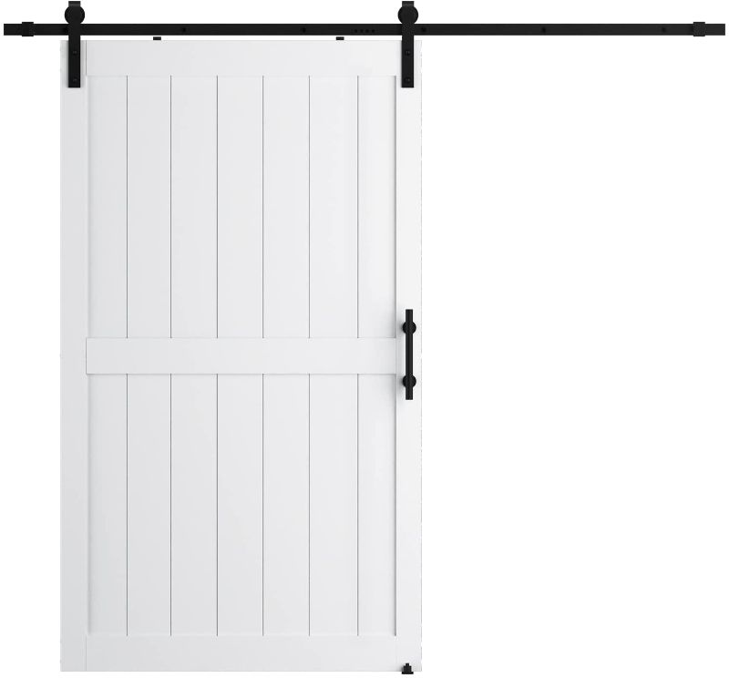 Photo 1 of  48 x 84in Solid MDF Barn Door(Predrilled & Unassembled Door Panels), with Whole 8ft Sliding Door Hardware Kit, 12in Handle Kit and 2 Floor Guides, PVC Waterproof Coating - White - H Frame