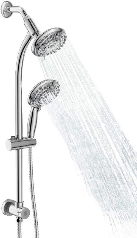 Photo 1 of Egretshower Handheld Showerhead & Rain Shower Combo for Easy Reach , 27.5" Drill-free Stainless Steel Slide Bar, 5”of 5-setting Handheld Shower and Showerhead, with 5ft Hose - Polished Chrome
