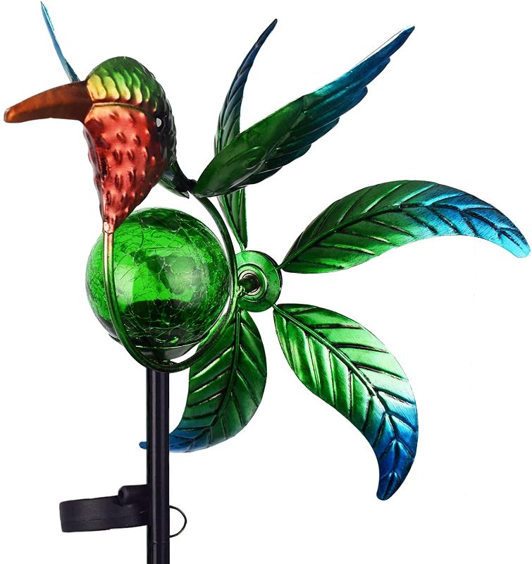 Photo 2 of DREAMSOUL Hummingbird Solar Wind Spinner Garden Light, Metal Kinetic Wind Sculptures Spinners Outdoor Decorative Garden Stake Wind Catchers Solar Lights for Yard, Patio, Walkway, Lawn Garden Decor
