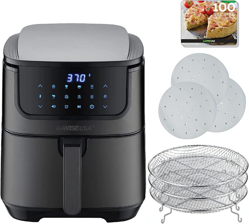 Photo 1 of GoWISE USA 7-Quart Air Fryer & Dehydrator MAX STEEL XL- with Touchscreen Display with Stackable Dehydrating Racks, with Preheat & Mute Functions + 100 Recipes
(MISSING ACCESORIES)
