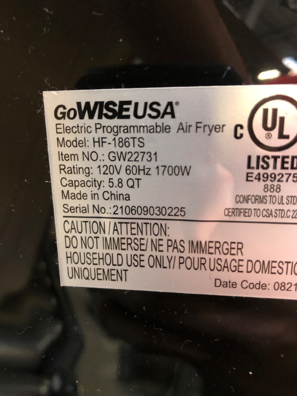 Photo 4 of GoWISE USA 1700-Watt 5.8-QT 8-in-1 Digital Air Fryer Black
