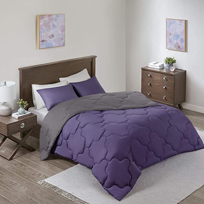 Photo 1 of Comfort Spaces Vixie Reversible Comforter - Trendy Casual Geometric Quilted Cover, All Season Down Alternative Cozy Bedding, Matching Sham, Purple/Charcoal, King 