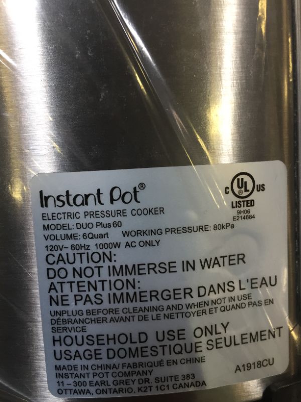 Photo 3 of Instant Pot Duo Plus 6 Quart 9-in-1 Electric Pressure Cooker, Slow Cooker, Rice Cooker, Steamer, Sauté, Yogurt Maker, Warmer & Sterilizer, 15 One-Touch Programs,Stainless Steel/Black
(MISSING POWER CORD)
