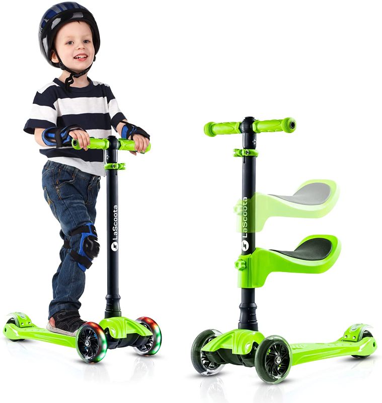 Photo 1 of LaScoota 2-in-1 Kids Kick Scooter, Adjustable Height Handlebars and Removable Seat, 3 LED Lighted Wheels and Anti-Slip Deck, for Boys & Girls Aged 3-12 and up to 100 Lbs.
