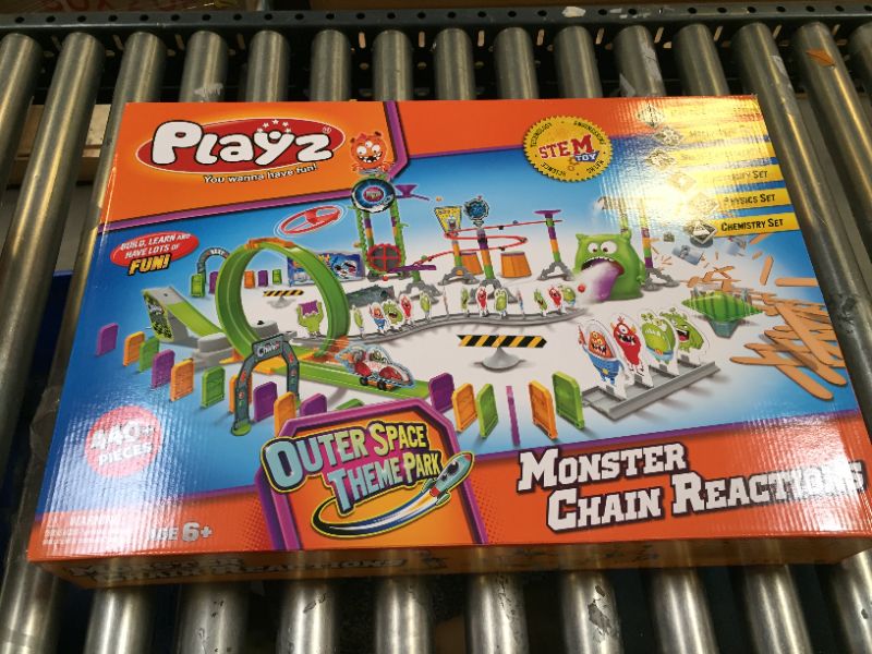 Photo 3 of Playz Skylab Adventure Monster Chain Reactions Marble Run Science Kit STEM Toy with Race Tracks for Boys & Girls, Kids Roller Coaster Toy Experiments, Outer Space Theme Park Educational Gift
