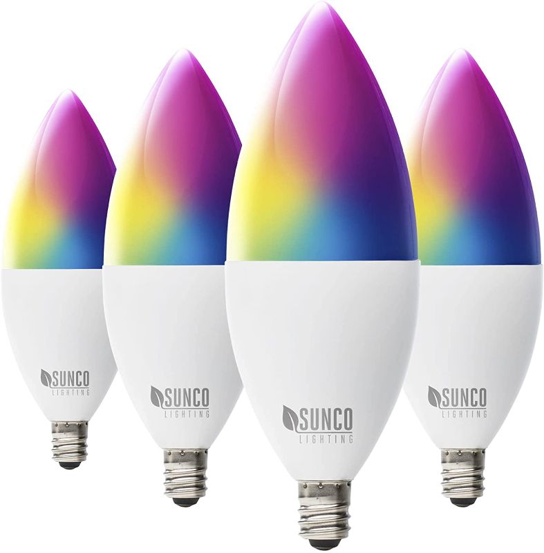 Photo 1 of Sunco Lighting WiFi LED Smart Bulb, B11 Candelabra, 4.5W, E12 Base, Color Changing (RGB & CCT), Dimmable, Compatible with Amazon Alexa & Google Assistant - No Hub Required 4 Pack
