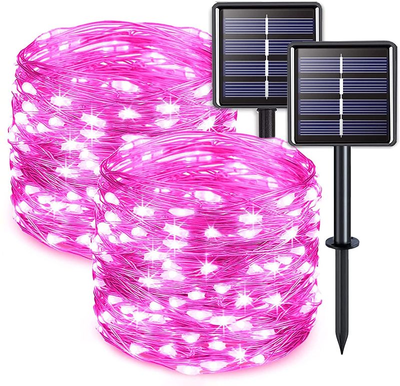 Photo 1 of JMEXSUSS Valentine's Day Pink Solar Lights Outdoor, 2 Pack Each 33ft 100 LED Pink Valentine Solar Fairy Lights, 8 Modes Waterproof Pink Solar String Lights for Valentine Decorations
