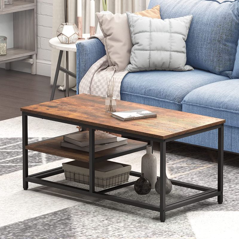 Photo 1 of CharaVector Industrial Coffee Table,3-Tier Coffee Table with Storage Shelf,Metal Frame Center Table for Living Room,Rustic Brown
